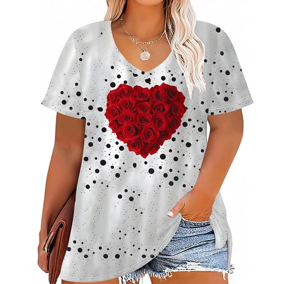 Craaazy Women's Plus Size V-Neck Short Sleeve Valentines Shirts Gifts