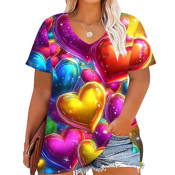 Craaazy Women's Plus Size V-Neck Short Sleeve Valentines Shirts Gifts