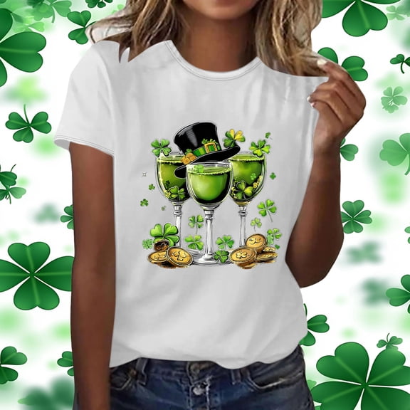 Craaazy Women's Printed St. Patrick's Day T-Shirt Short Sleeved Round Neck Pullover Casual Tops Gifts
