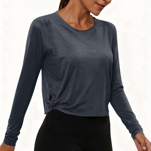 Craaazy Women's Quick Dry Side Twist Crop Top Long Sleeve Crewneck Yoga Workout Activewear Gifts