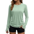 thumbnail image 1 of Craaazy Women's Relaxed Fit Crew Neck Blouse, Solid Color Long Sleeve Sun Protection Top, Side Ruched Comfy Casual Tee with Thumb Holes for Summer Gifts, 1 of 8