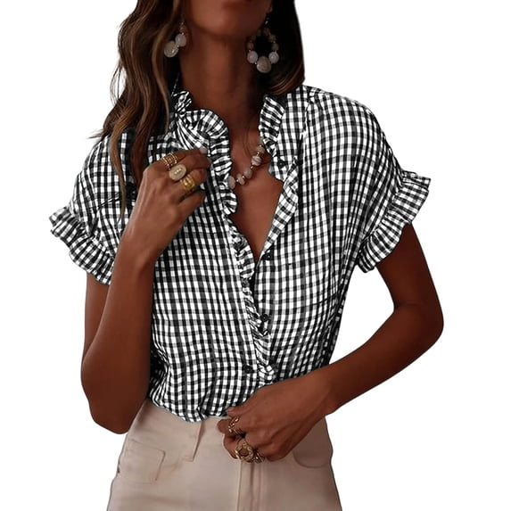 Craaazy Women's Relaxed Fit Plaid V Neck Blouse, Short Sleeve Ruffle Button Down Tops, Comfy Business Casual Shirt for Spring Gifts