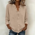 thumbnail image 1 of Craaazy Women's Relaxed Fit V Neck Blouse, Solid Color Long Sleeve Ruffle Accent Top, Loose Comfy Cotton Linen Tee for Work & Daily Wear Gifts, 1 of 6