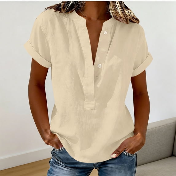 Craaazy Women's Relaxed Fit V Neck Blouse, Solid Color Short Sleeve Linen Cotton Tops, Comfy Casual Shirt for Summer Gifts