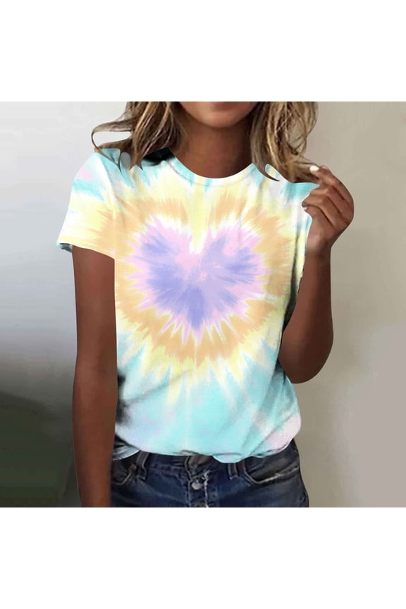 Women's Retro Crew Neck Short Sleeve Pixel Tie Dye Print Casual Shirt for Summer Outings