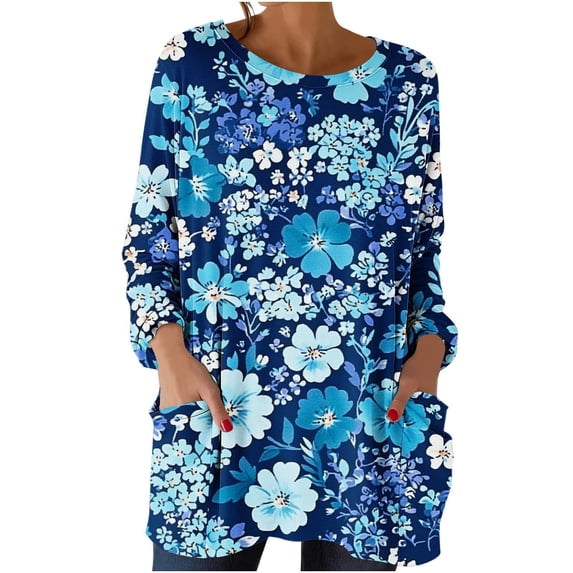 Craaazy Women's Retro Prints Round Neck Long Sleeve Loose Pockets Sweatshirts Gifts