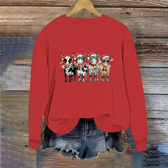 Craaazy Women's Round Neck Christmas Printed Long Sleeve Sweatshirt Merry Christmas Tops Gifts