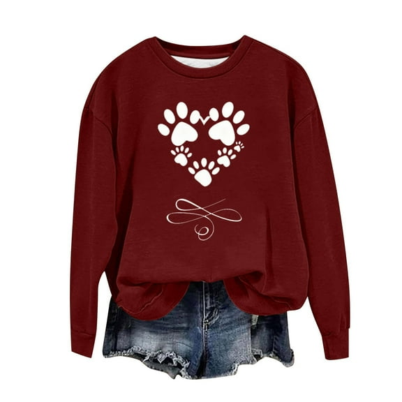 Craaazy Women's Round Neck Cute Paw Print Long Sleeve Shirt Casual Pullover Tops Gifts