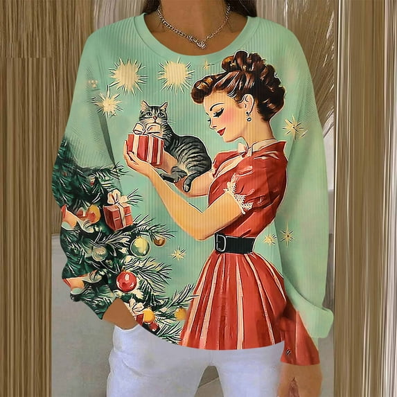 Craaazy Women's Round-Neck Long Sleeve Shirts Santa Snowflake Print Casual Christmas Top Gifts