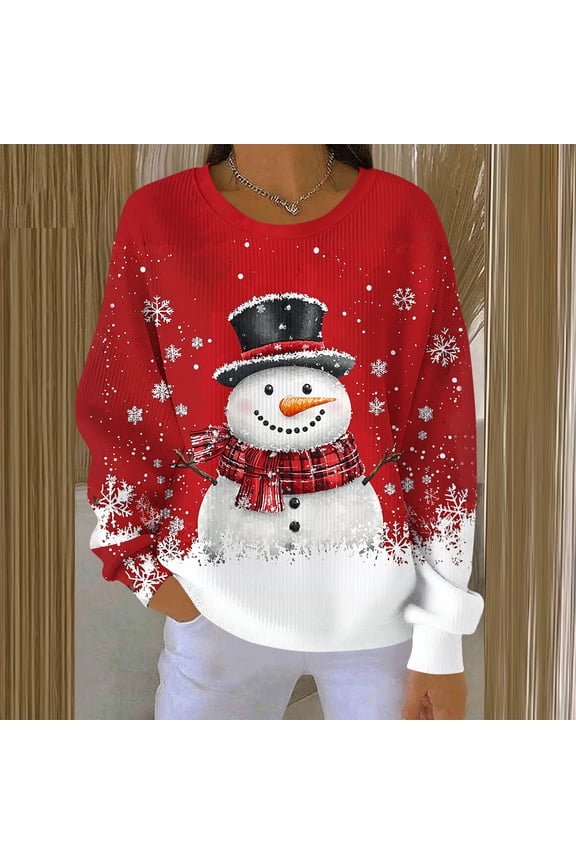 Women's Round-Neck Long Sleeve Shirts Santa Snowman Snowflake Print Casual Christmas Top Gifts