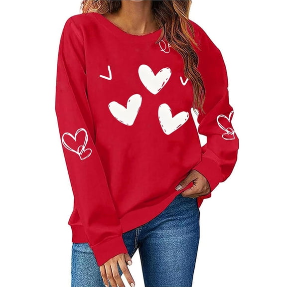 Craaazy Women's Round Neck Valentines Printed Sweatshirts Heart Graphic Long Sleeved Tops Gifts
