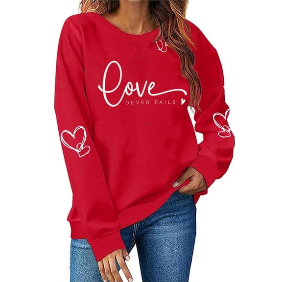 Craaazy Women's Round Neck Valentines Printed Sweatshirts Heart Graphic Long Sleeved Tops Gifts