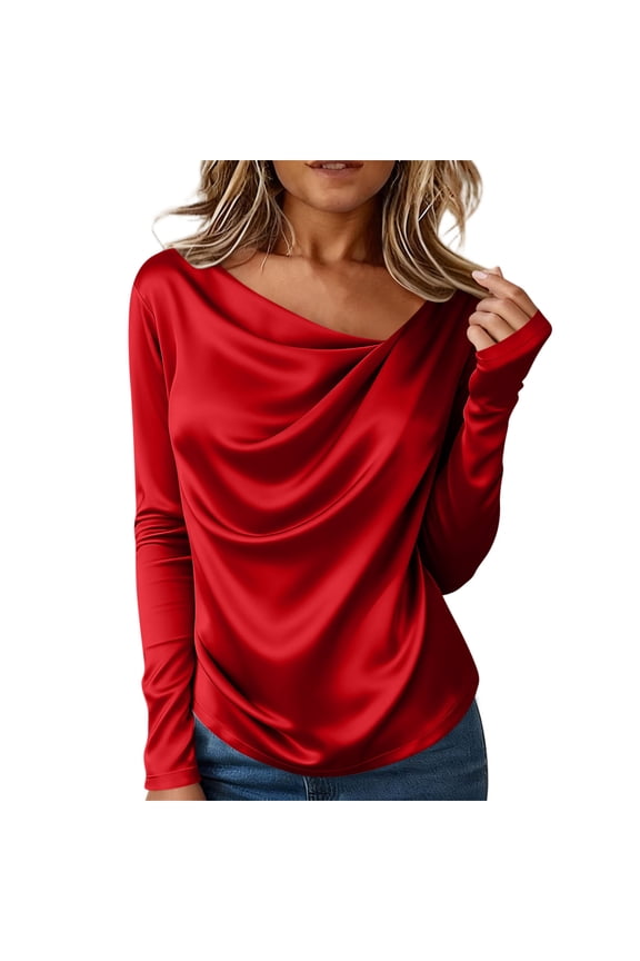 Women's Ruched Satin Long Sleeve Business Blouses Gifts