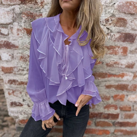 Craaazy Women's Ruffle Sheer Mesh Chiffon Blouses Layered Long Bell Sleeve V Neck Dressy Ruffle Shirt Solid Color Tops Gifts For Women