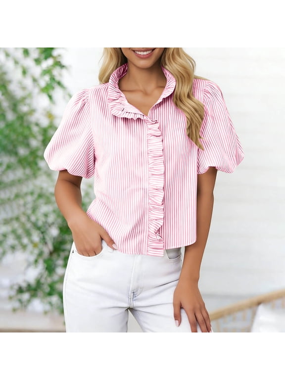 Women's Ruffle Trim Striped Prints Puff Sleeve Top - Lightweight Polyester V-Neck Blouse for All Seasons Gifts