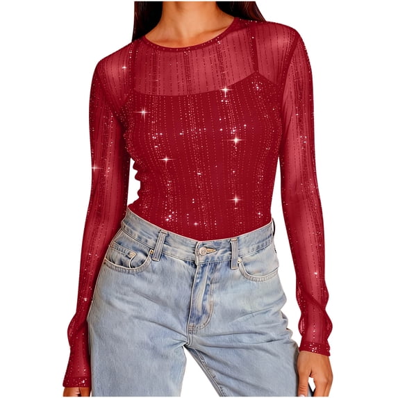Craaazy Women's Sheer Mesh Long Sleeved Crew Neck Elegant Sequin Shirts Gifts