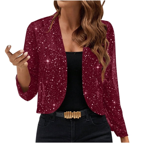 Craaazy Women's Shiny Glitter Open Front Cropped Cardigan Casual Party Evening Lightweight Jacket Gifts