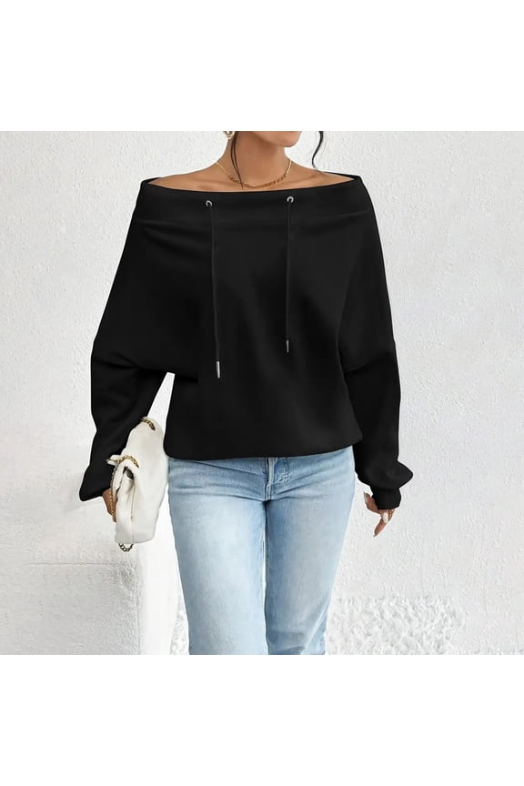 Women's Shirt Off-The-Shoulder Loose And Casual Drawstring Long-Sleeved Sweatshirt One-Shoulder Top Gifts For Women
