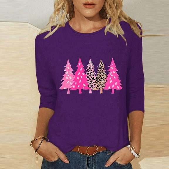 Craaazy Women's Shirts Christmas Printed 3/4 Sleeve Casual Tops Gifts