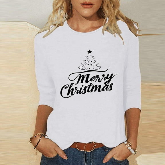Craaazy Women's Shirts Christmas Printed 3/4 Sleeve Casual Tops Gifts