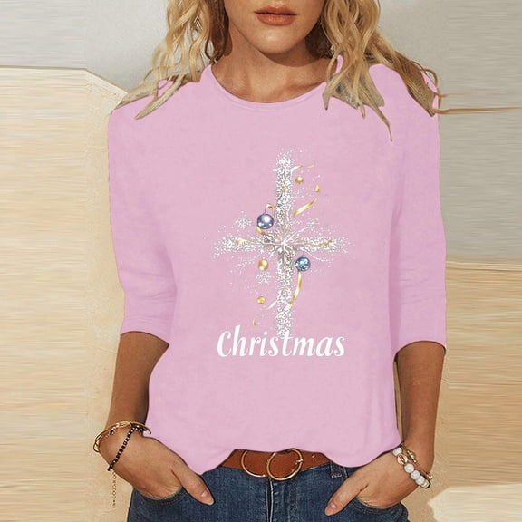 Craaazy Women's Shirts Christmas Printed 3/4 Sleeve Casual Tops Gifts