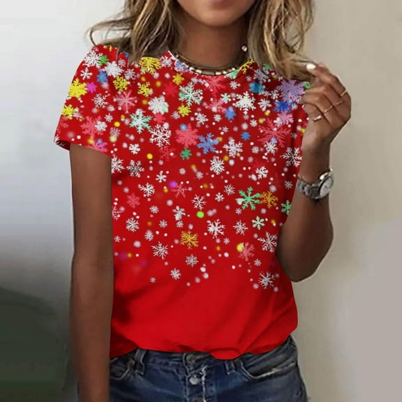 Craaazy Women's Shirts Christmas Printed Crew Neck Short Sleeved Top Gifts