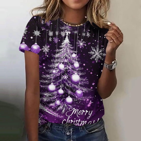 Craaazy Women's Shirts Christmas Printed Short Sleeved Round Neck Top Gifts