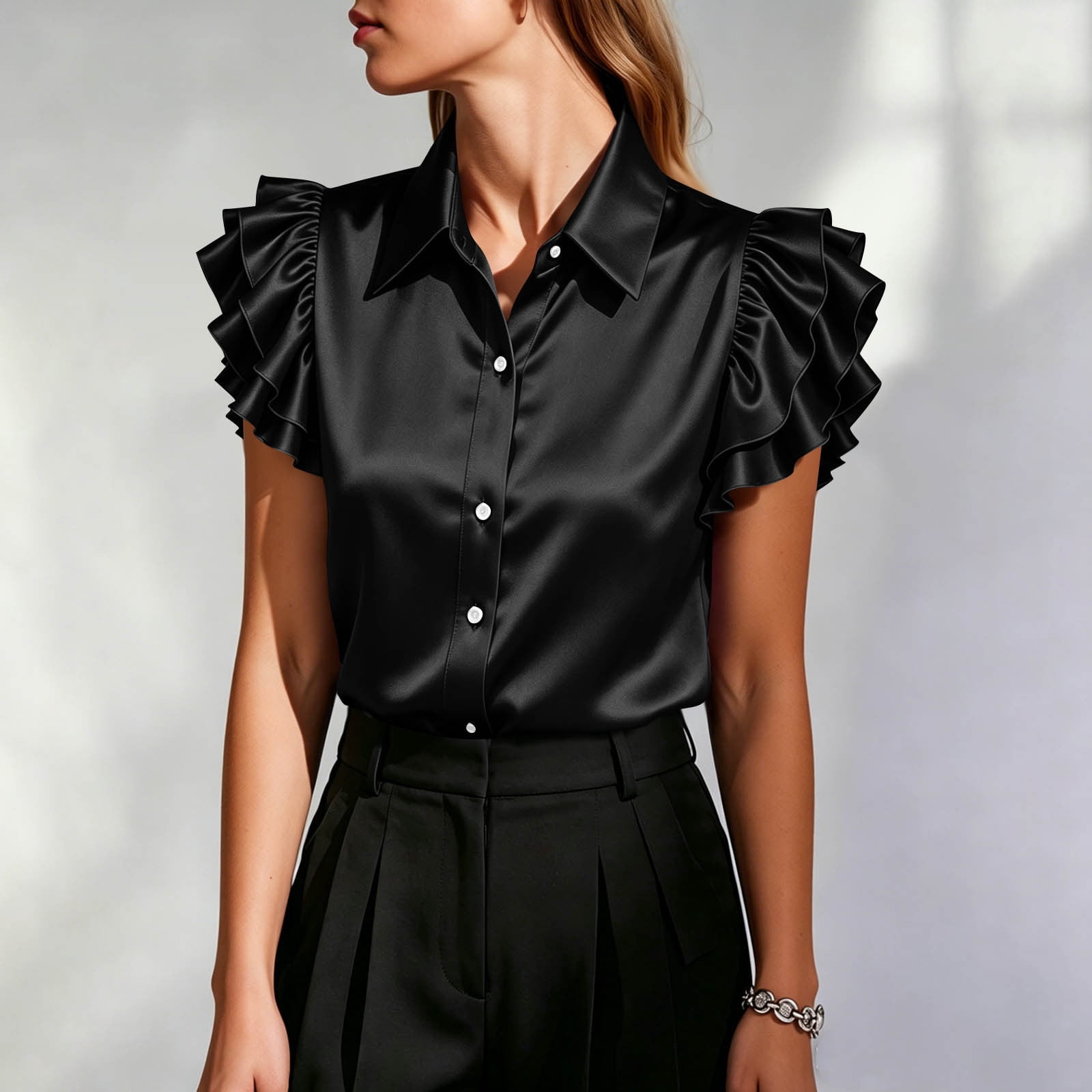 Craaazy Women's Short Sleeve Blouses Solid Color Turndown Collared Neck ...