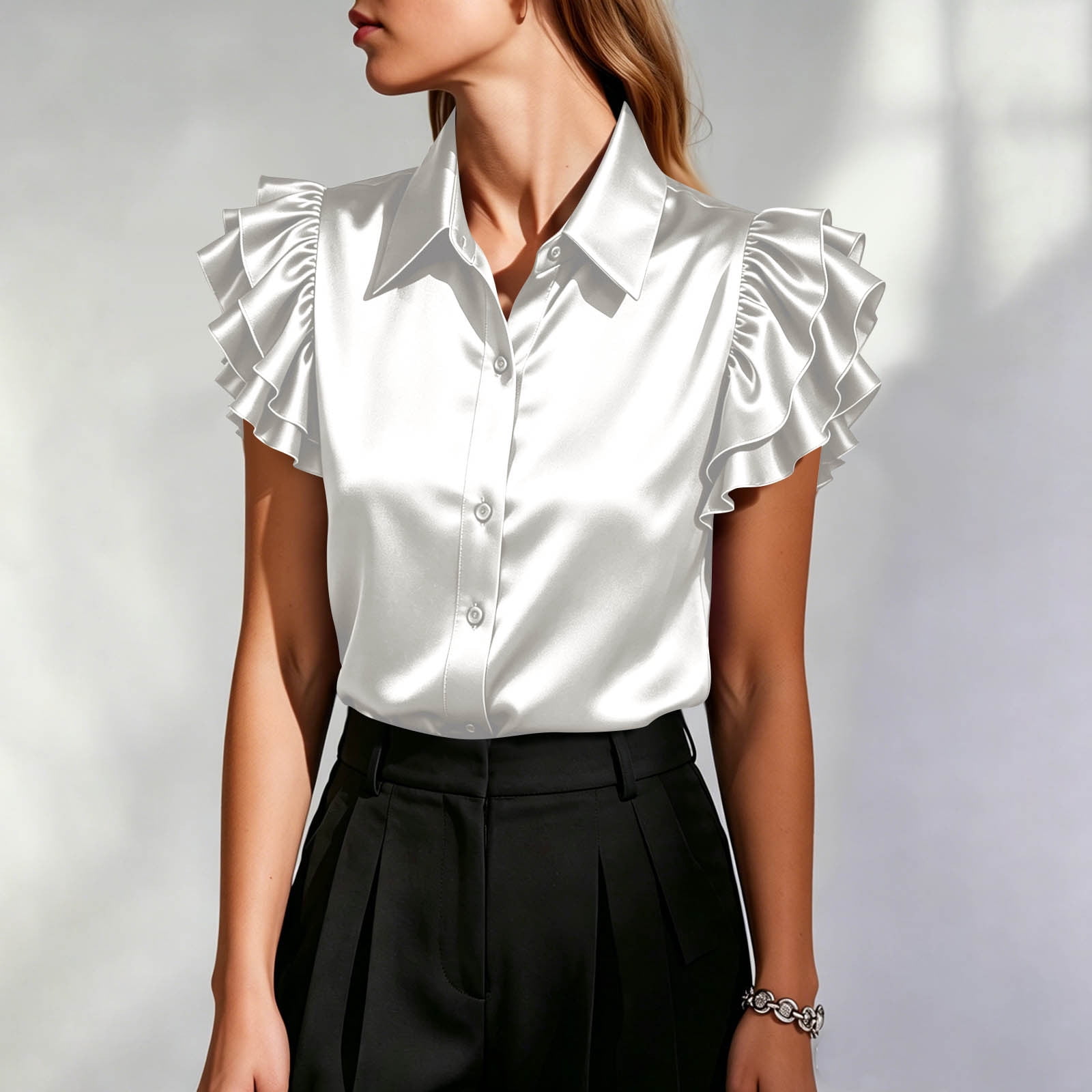 Craaazy Women's Short Sleeve Blouses Solid Color Turndown Collared Neck ...