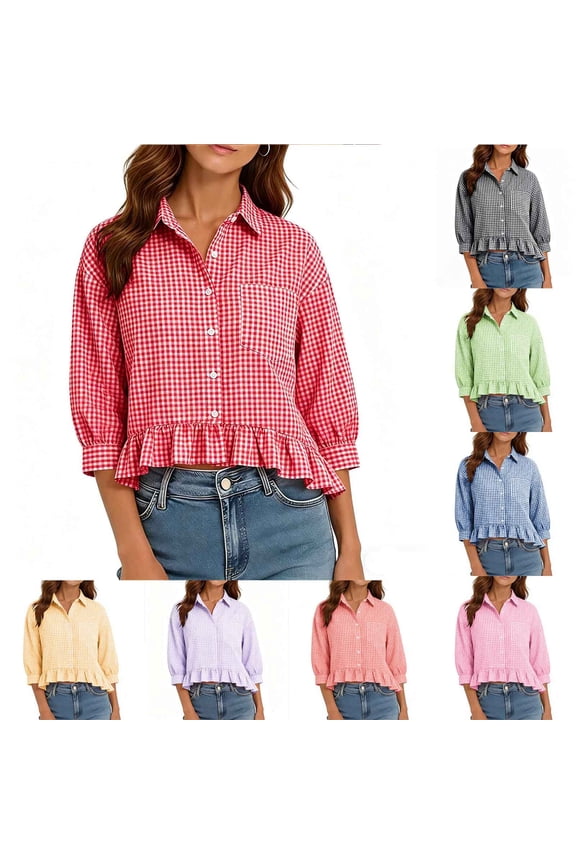 Women's Short Sleeve Button Down Shirts Plaid Print Turndown Collared Ruffle Hem Blouses with Pocket for Casual Daily Wear