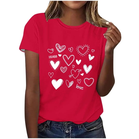 Craaazy Women's Short Sleeve Love Heart Printed Tops Summer Clothes Gifts
