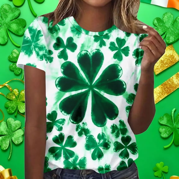 Craaazy Women's Short Sleeve Shamrock Printed Crewneck St Patricks Day T Shirts Gifts