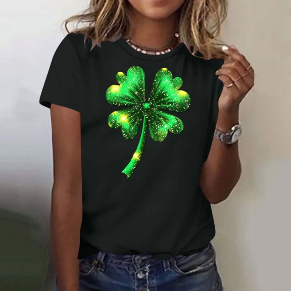 Craaazy Women's Short Sleeve Shirts Bow Shamrock Printed Round Neck Tops Gifts