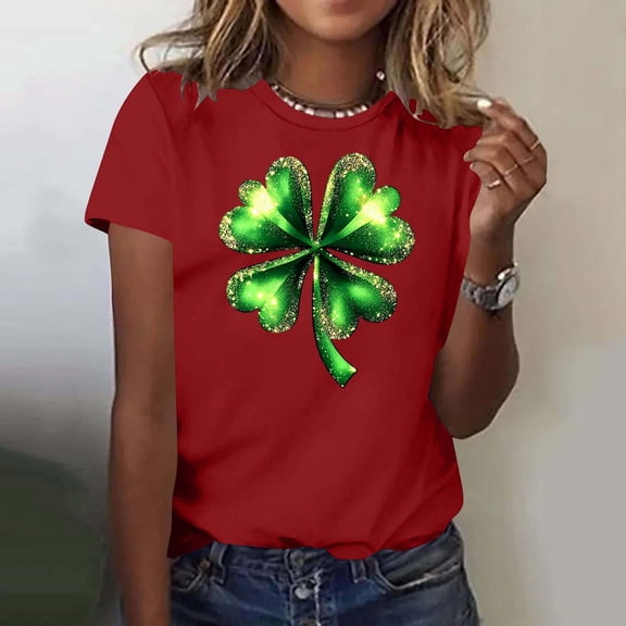 Craaazy Women's Short Sleeve Shirts Bow Shamrock Printed Round Neck Tops Gifts