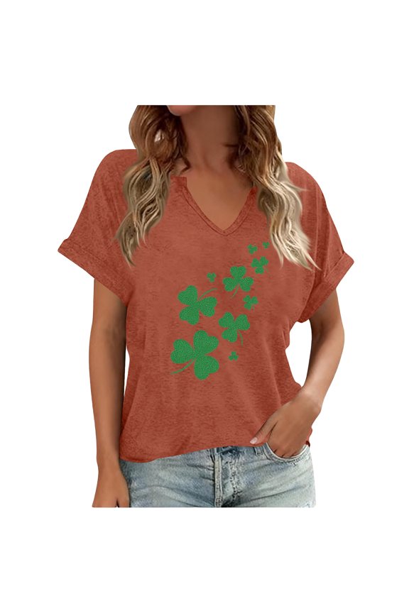 Women's Short Sleeve St Patricks Day Blouses Irish Shamrock Graphic V-neck Tops Gifts