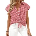 thumbnail image 1 of Craaazy Women's Short Sleeve Tops Gingham Print Tie Front Collared Button Down Shirts for Casual Daily Wear, 1 of 5