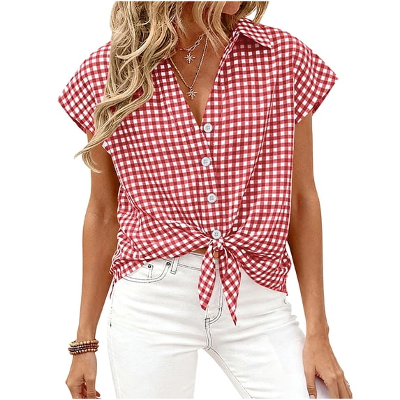 Craaazy Women's Short Sleeve Tops Gingham Print Tie Front Collared Button Down Shirts for Casual Daily Wear