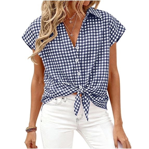 Craaazy Women's Short Sleeve Tops Gingham Print Tie Front Collared Button Down Shirts for Casual Daily Wear
