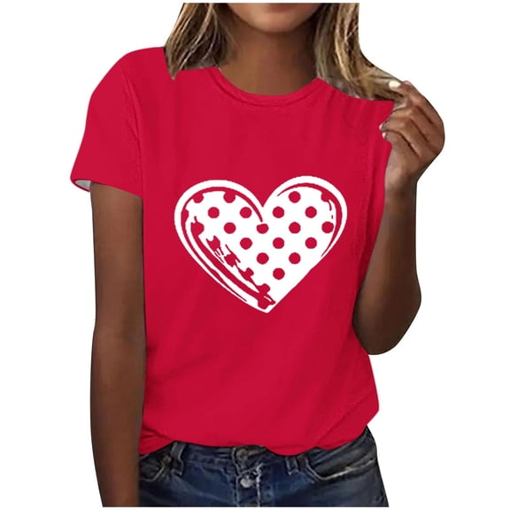 Craaazy Women's Short Sleeve Valentines T Shirts Loose Round-Neck Heart Prints Shirts Gifts