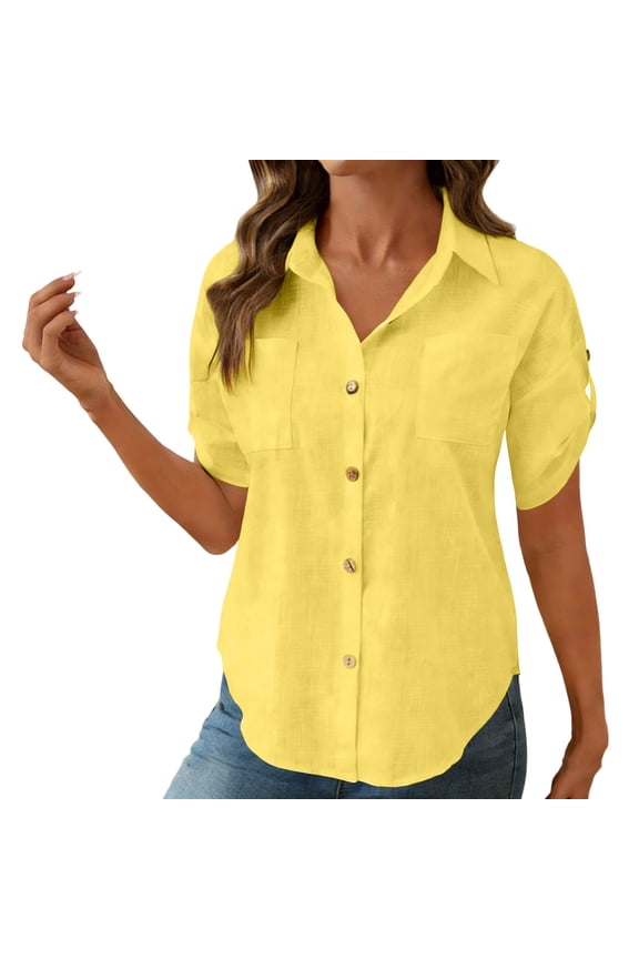 Women's Solid Color Breathable Linen Blend Turn-Down Collar Blouse, Button Front Roll-Up Sleeve Casual Top for Spring & Summer Gifts