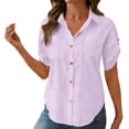thumbnail image 1 of Craaazy Women's Solid Color Breathable Linen Blend Turn-Down Collar Blouse, Button Front Roll-Up Sleeve Casual Top for Spring & Summer Gifts, 1 of 7