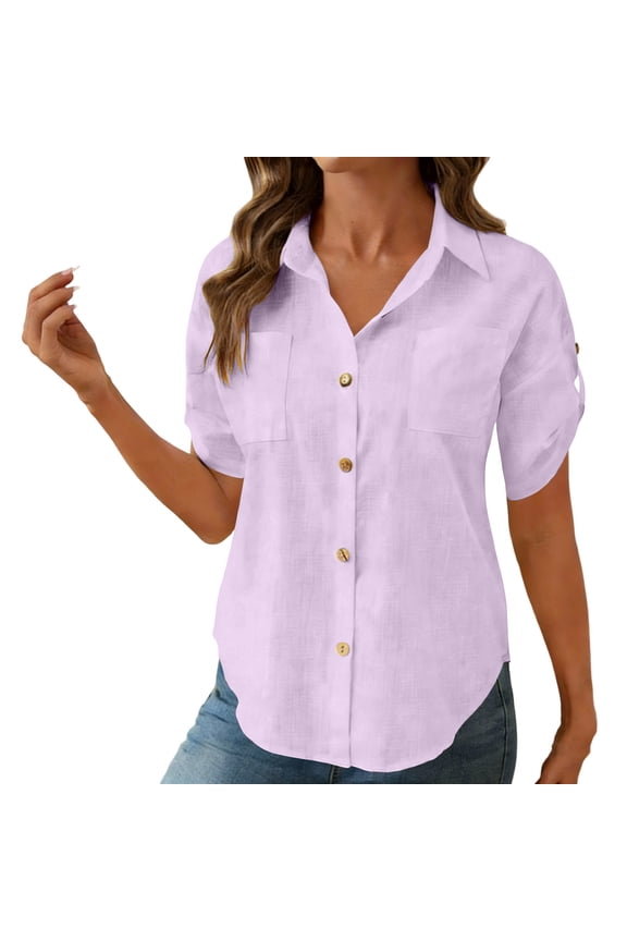 Women's Solid Color Breathable Linen Blend Turn-Down Collar Blouse, Button Front Roll-Up Sleeve Casual Top for Spring & Summer Gifts