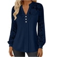thumbnail image 1 of Craaazy Women's Solid-Color Lace Patchwork Hollow Out Long Sleeve Trendy V Neck Business Shirts Gifts, 1 of 9