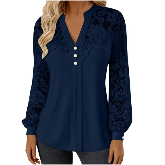 Craaazy Women's Solid-Color Lace Patchwork Hollow Out Long Sleeve Trendy V Neck Business Shirts Gifts