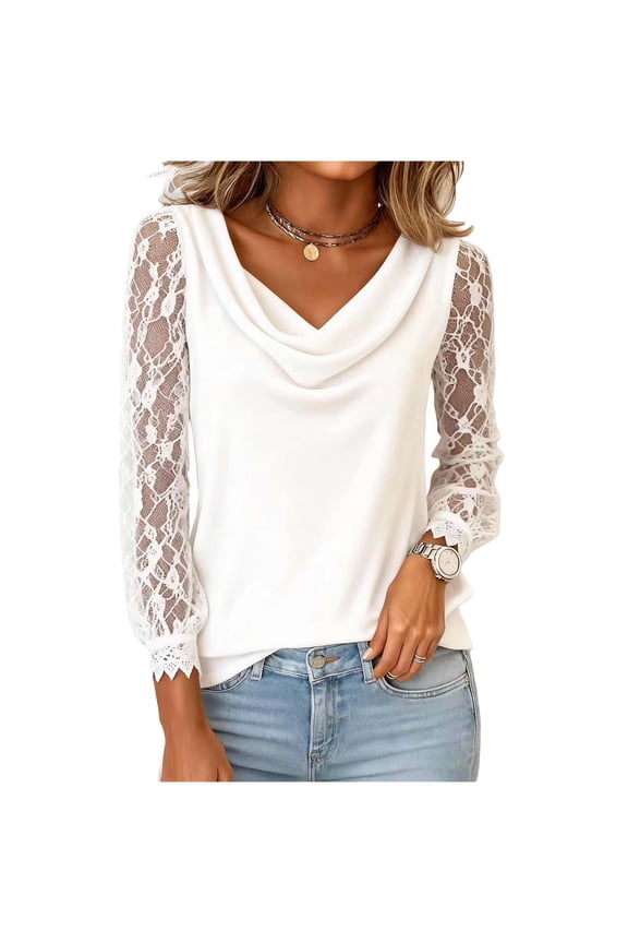 Women's Solid Color Lace Patchwork Long Sleeve Cowl V-Neck Pullover Top Gifts