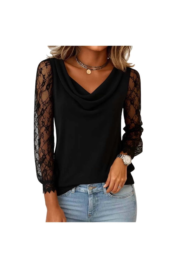 Women's Solid Color Lace Patchwork Long Sleeve Cowl V-Neck Pullover Top Gifts