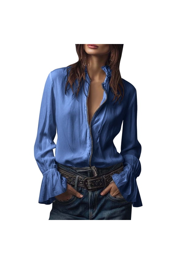 Women's Solid Color Lapel Ruffled Long Sleeved Zipper Blouse Vintage Elegant Loose Clothes with Flounce Cuffs Shirt Gifts