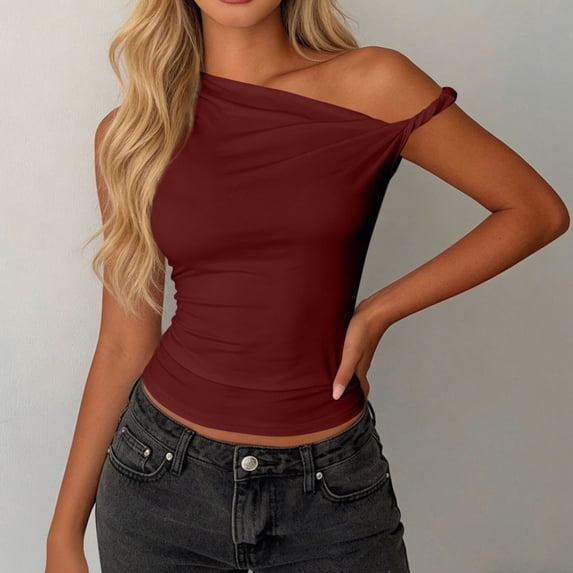 Craaazy Women's Solid Color One Shoulder Ruched Sleeveless Crop Casual Summer Daily Tops Gifts