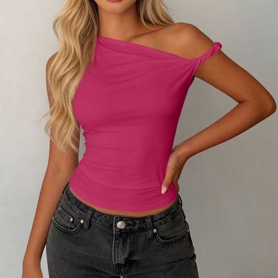 Craaazy Women's Solid Color One Shoulder Ruched Sleeveless Crop Casual Summer Daily Tops Gifts