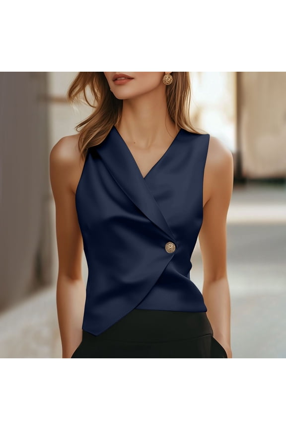 Women's Solid Color Satin Sleeveless Blazer Top - V-Neck Buttoned Elegant Blouse Gifts